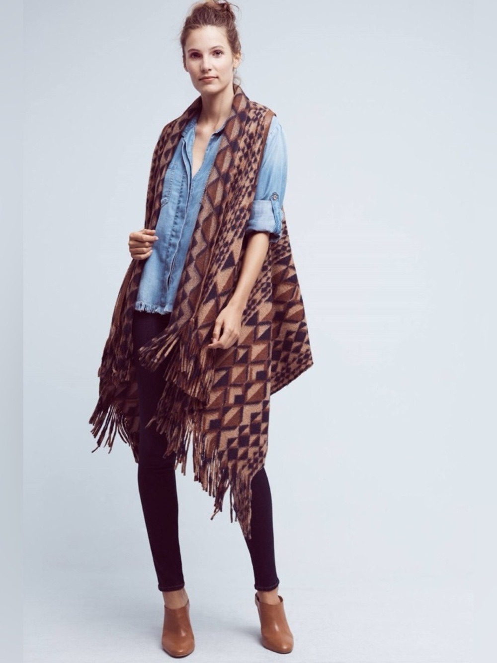 Tracy Reese Anthropologie Canton Fringe Vest Earthy Tones Knit Poncho XS/S
